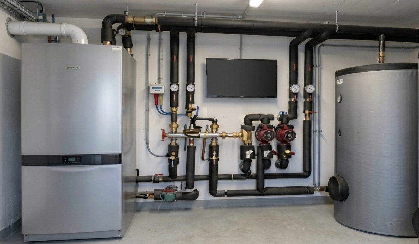 Chaufferie collective moderne avec pompe à chaleur, ballon ECS et régulation — projet financé via les CEE